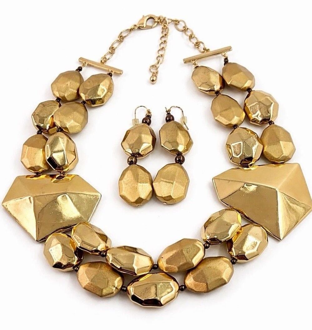 Vintage Gold Statement Necklace & Earrings Set Chunky Faceted Bib 80s Bold
